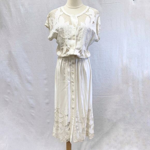 Lassy Doll white Rayon & crochet detail button up blouson midi dress size large - Picture 1 of 16